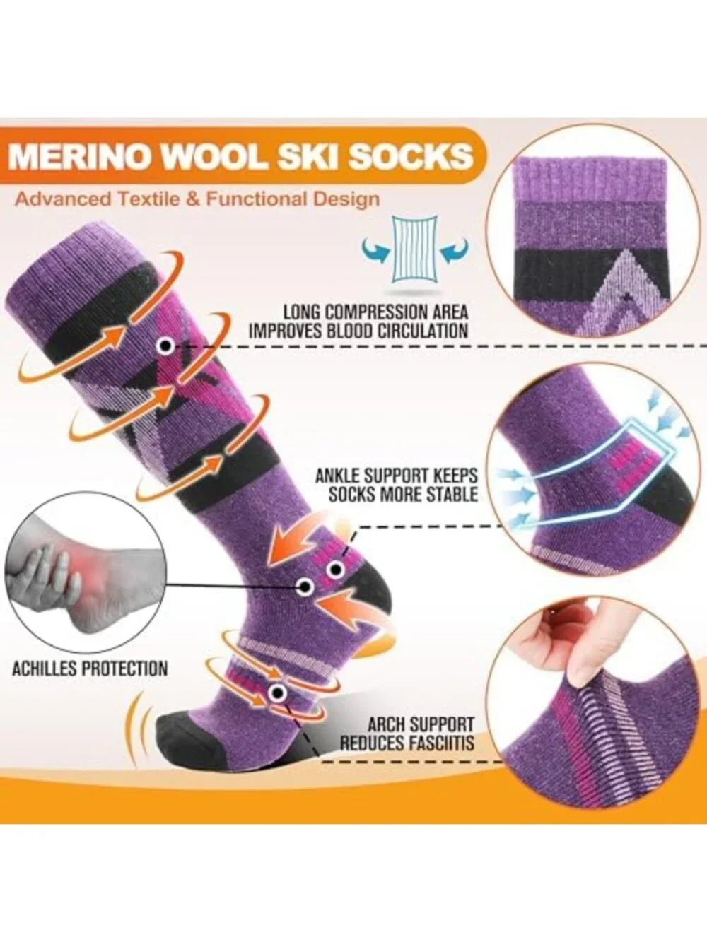 3 Pairs Thick Merino Wool Ski Socks - Thermal Knee High for Winter Sports
